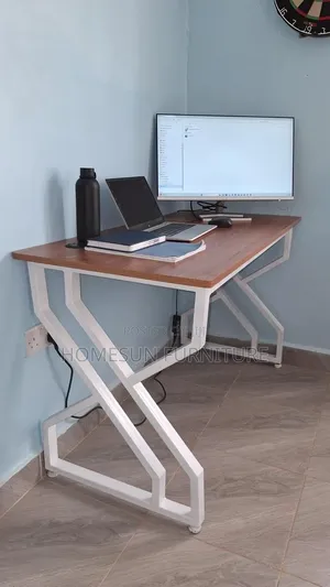 Office Desk with Wooden Top and White Metal Frame