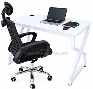 White Home Office Desk with Black Headrest Chairs