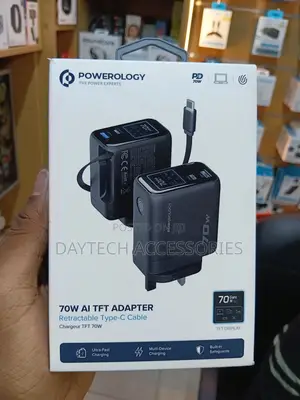 Powerology 70W AI TFT Adapter na Kebo ya Type-C Inayorudishwa