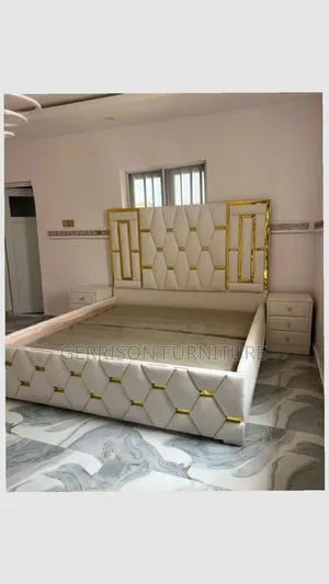 Luxury 5x6 Cream Bed with Gold Accents & 2 Side Tables