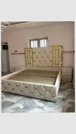 Luxury 5x6 Cream Bed with Gold Accents & 2 Side Tables - 1