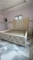 Luxury 5x6 Cream Bed with Gold Accents & 2 Side Tables - 2