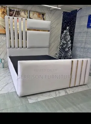 Brand New Luxury 5x6 White Velvet Bed with Gold Accents