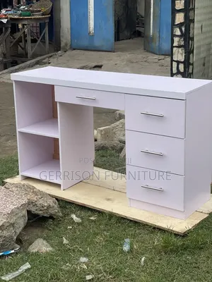 Modern White Wooden Office Desk with 4 Drawers & Shelves
