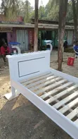 Modern White Single Bed Frame with Slate Base & Headboard Accents - 1