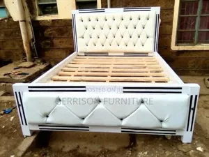 Luxury 5x6 White Panel Wooden Bed with Diamond Tufted Cushion