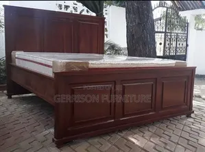 5x6 Mahogany-Stained Wooden Bed with 8" High Density Mattress Set