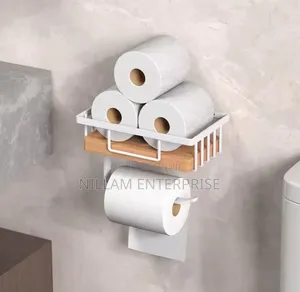 Metallic Tissue Holder & Wipes Storage Rack with Bamboo