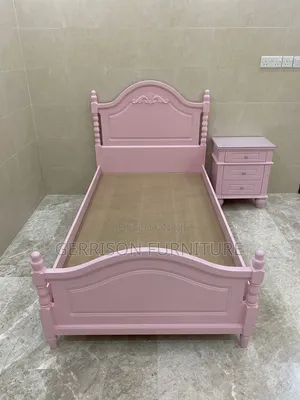 Pink Wooden Single Bed with Nightstand