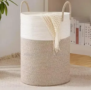Large Decorative Woven Cotton Rope Laundry Basket with Handles