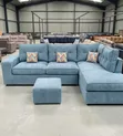 Premium 6-Seater Powder Blue Corduroy Corner Sofa Set na Pouf - 1