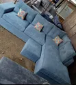 Premium 6-Seater Powder Blue Corduroy Corner Sofa Set na Pouf - 2