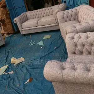 Seti ya Sofa ya Chesterfield ya Beige ya Viti 3 + Viti 2 vya Mikono