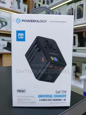 Powerology GaN 75W Universal Travel Charger Adapter - Black