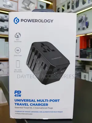 Powerology Universal Travel Adapter 2.4A + PD 45W - Nyeusi