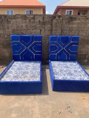4x6 Royal Blue Luxury Geometric Velvet Bed Frame with Gold Trim