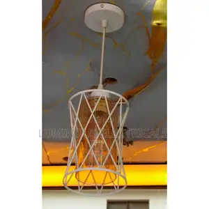 Sleek White Single Cage Pendant Light with Amber Glass