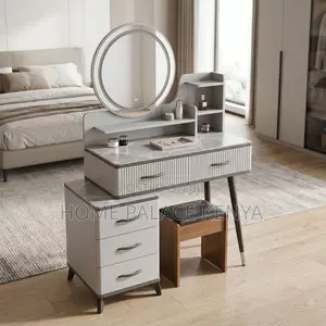Modern Gray Vanity Table with Mirror and 3 Drawers